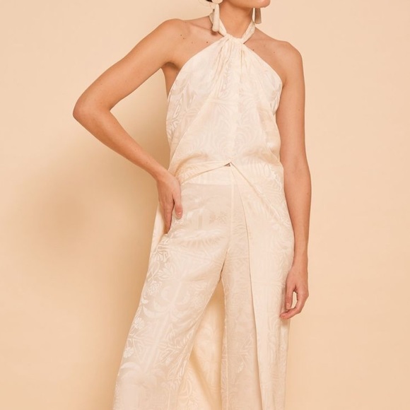 ISO JOHANNA ORTIZ Ecru Journey Like No Other Jacquard Halter Top & flare pants